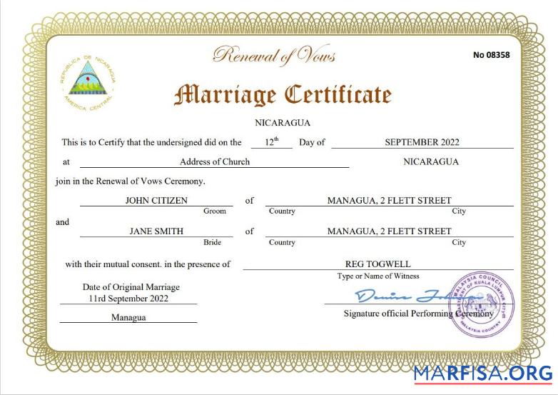 Printable Nicaragua marriage certificate Word and PDF template